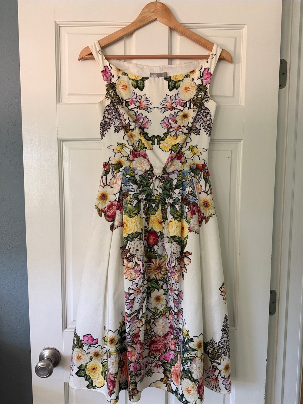ASOS Boat Neck White Floral Fit-and-Flare Midi Dress